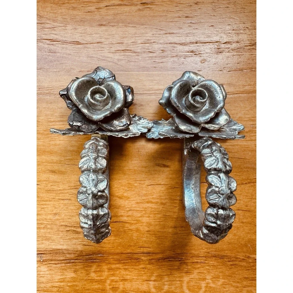 Vintage Pair Princess House Silver‎ Tone Rose Flower Place Holder Napkin Rings